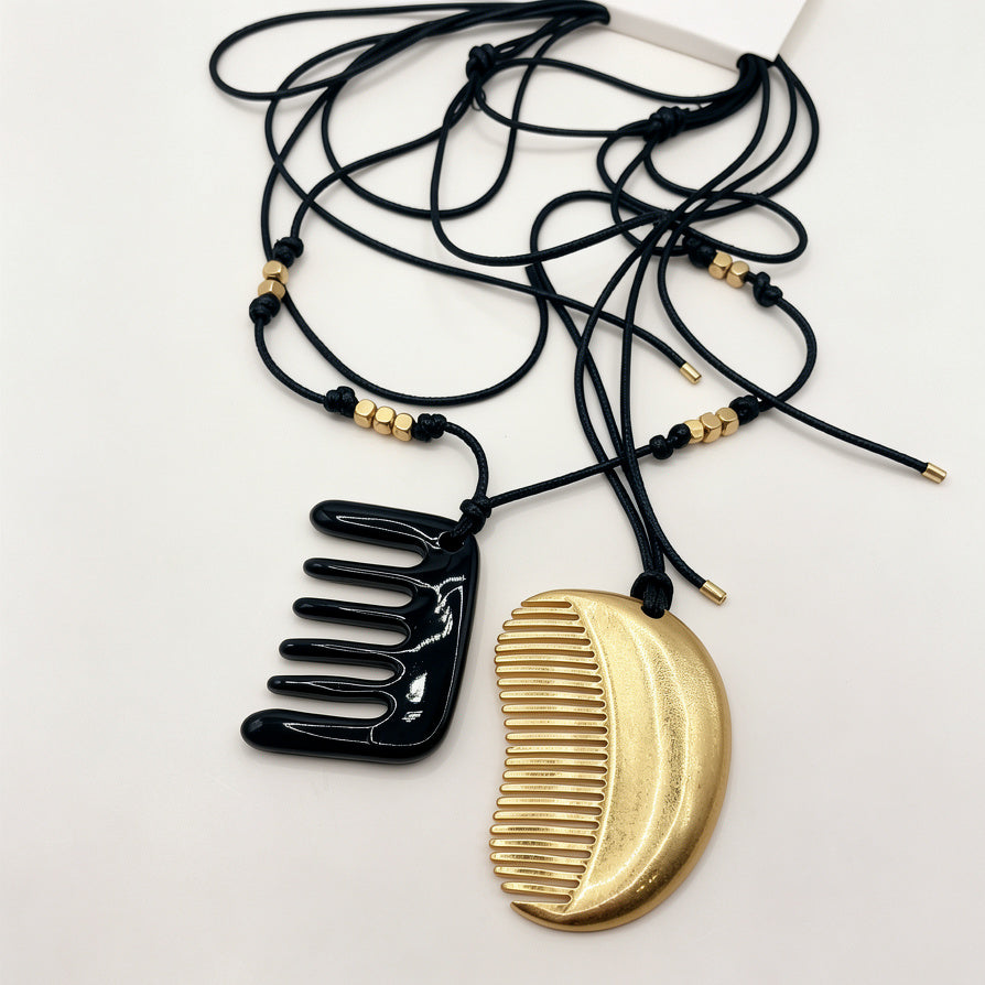 Collar de Peine de Metal Dorado y Negro, Juego de 2 Piezas, Collar Largo de Cuerda para Mujer, Joyería al Por Mayor|JI JOYA