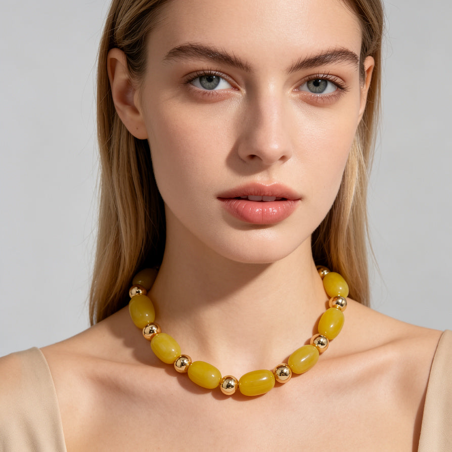 Set de Joyería de Resina Amarilla con Dorado, Pendientes + Collar + Pulsera | Venta al por Mayor|JI JOYA