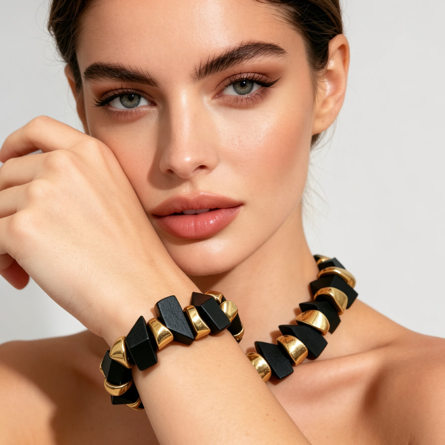 Set Collar Pulsera Geométrico Madera y Oro - Joyería Minimalista|JI JOYA