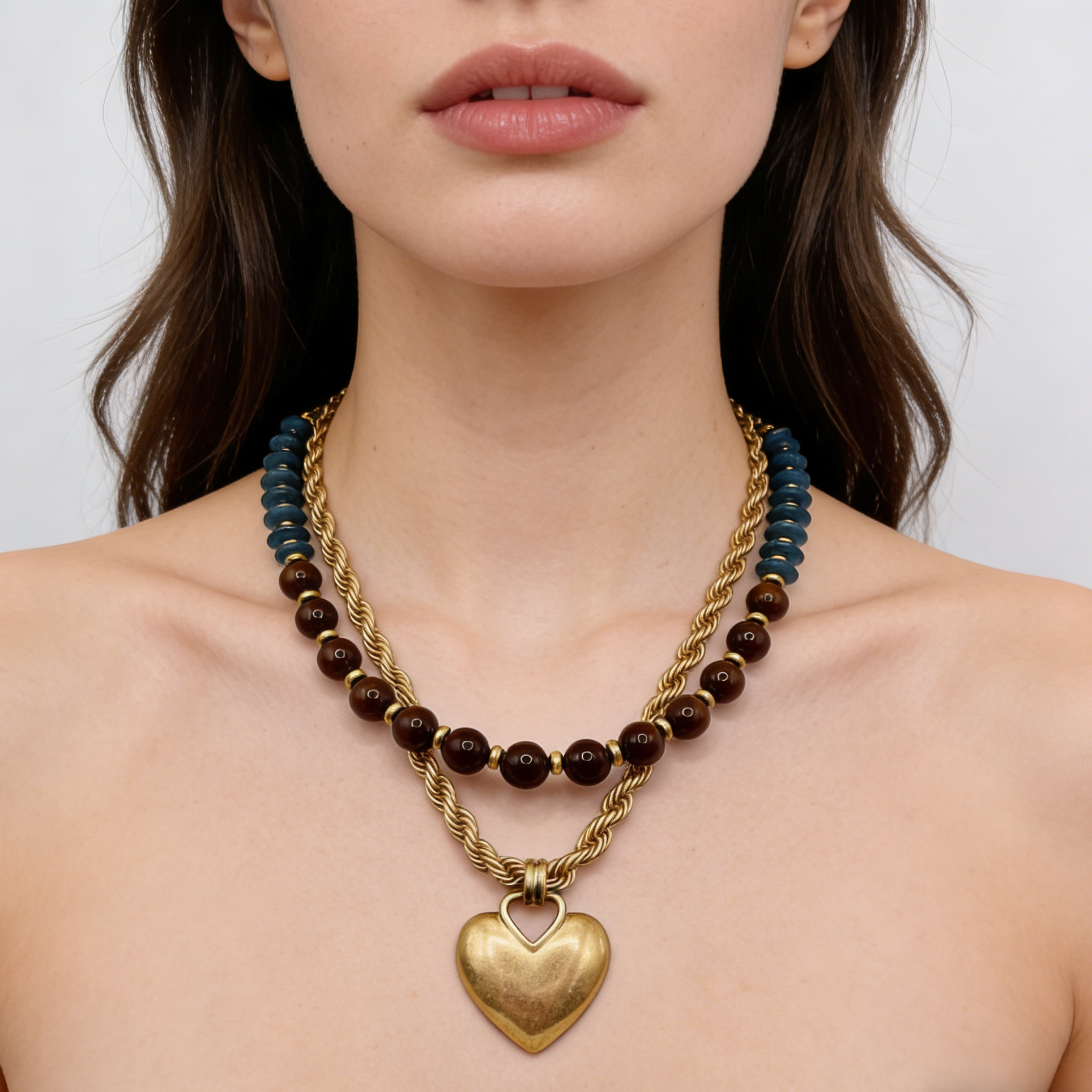 Collar vintage con colgante de corazón de cuentas y bloques de color | Cadena de clavícula multicapa con diseño de nicho | Cadena de clavícula multicapa estilo francés vintage