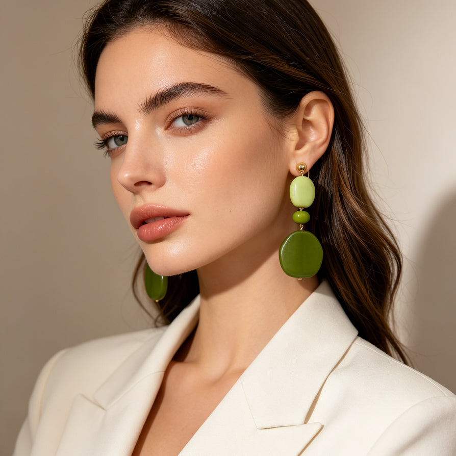 Pendientes Largos Resina Verde Aceite, Diseño Irregular Minimalista, Bisutería Mayorista para Mujer|JI JOYA