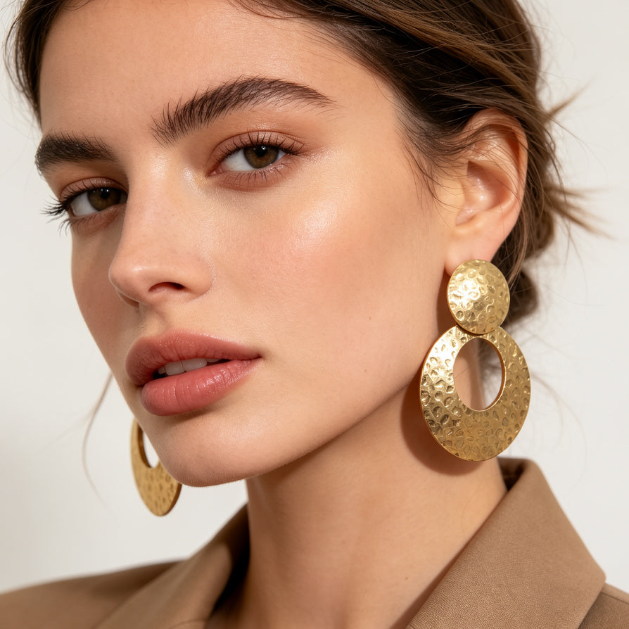 Arete Colgante Geométrico de Textura Martillada, Oro/Plata, Venta al Por Mayor|JI JOYA