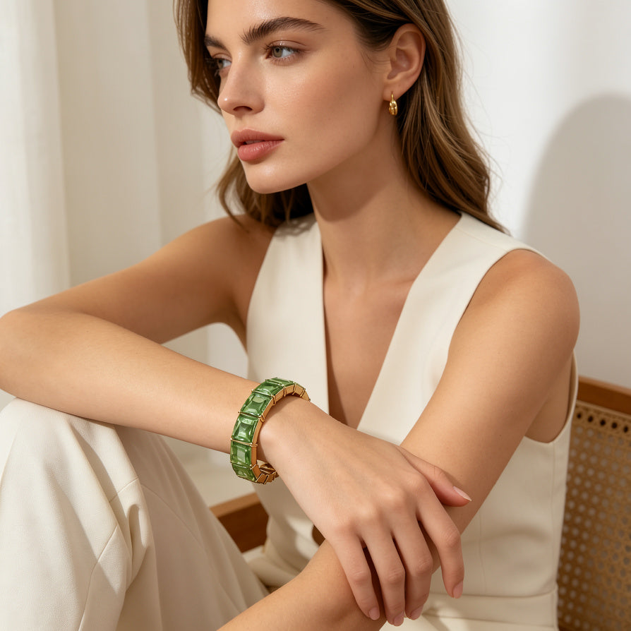 JI JOYA VENTA AL POR MAYOR|Pulsera de Cristal Cuadrado en Oro | Pulsera de Lujo al Por Mayor (Verde/Transparente)