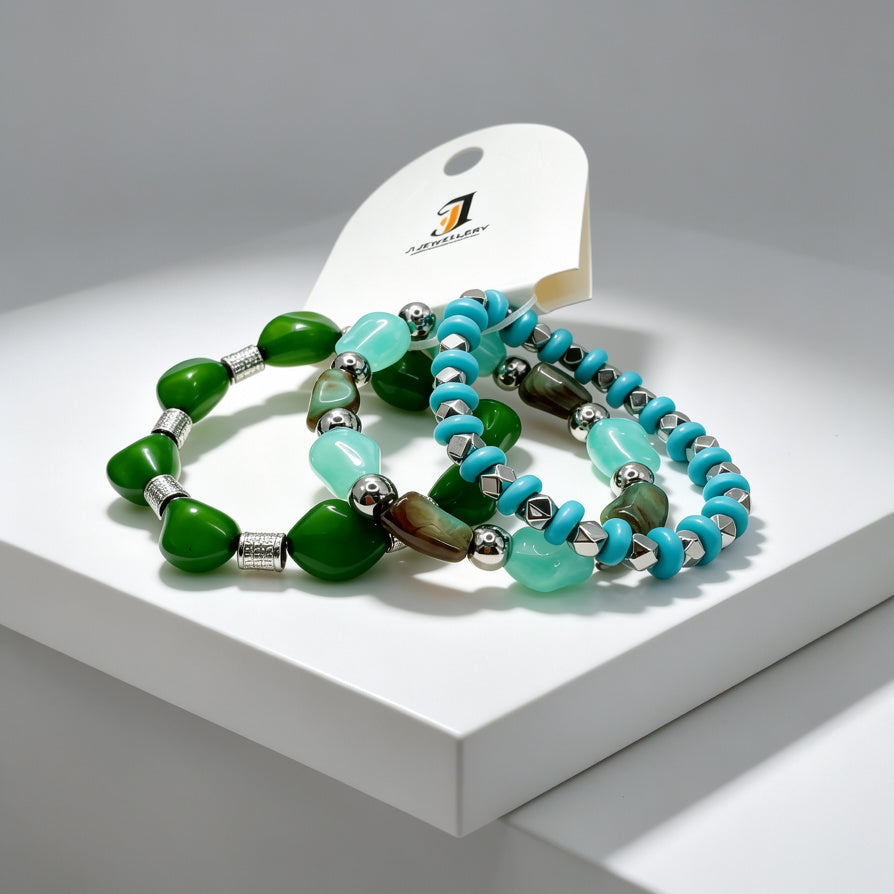 Set de 3 Pulseras Elásticas de Resina y Aleación de Zinc - Colores Azul Marino / Verde Jade - Joyería de Moda al Por Mayor|JI JOYA