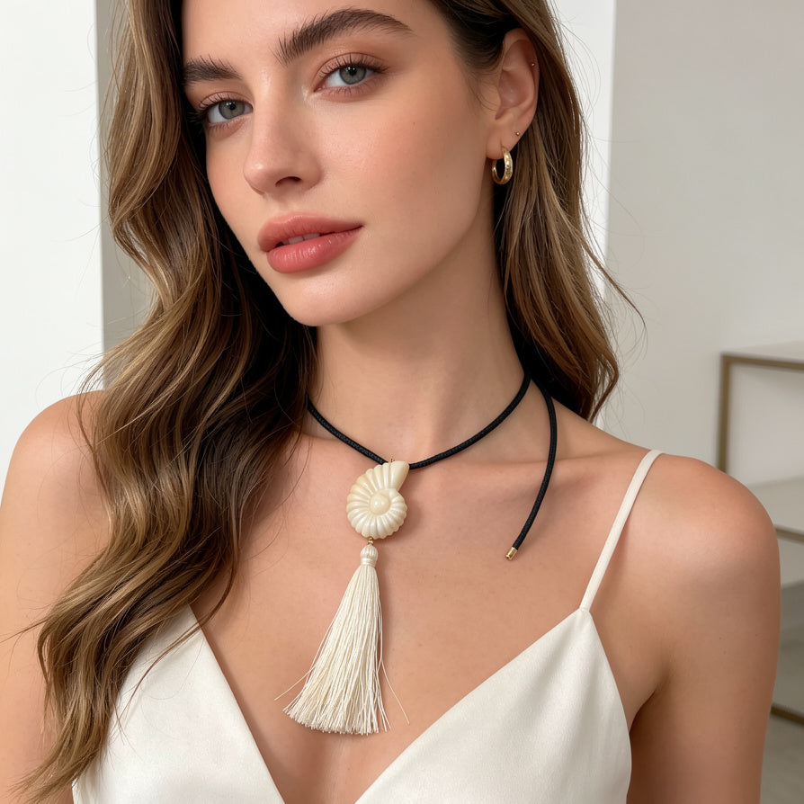 Collar Choker con Concha Nautilus y Flequillo - 3 Colores Disponibles | Venta Mayorista|JI JOYA