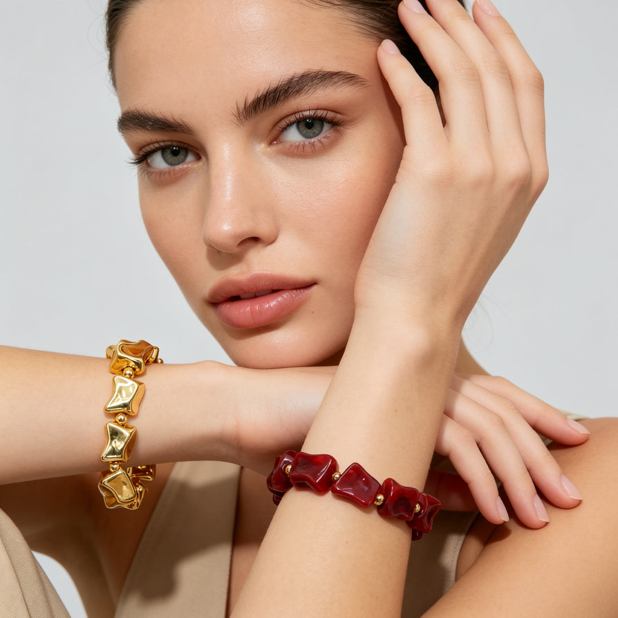 Pulsera Elástica de Cuentas Irregulares de Resina y Metal - Diseño Minimalista de Lujo para Mujer, 4 Colores, Mayoreo|JI JOYA