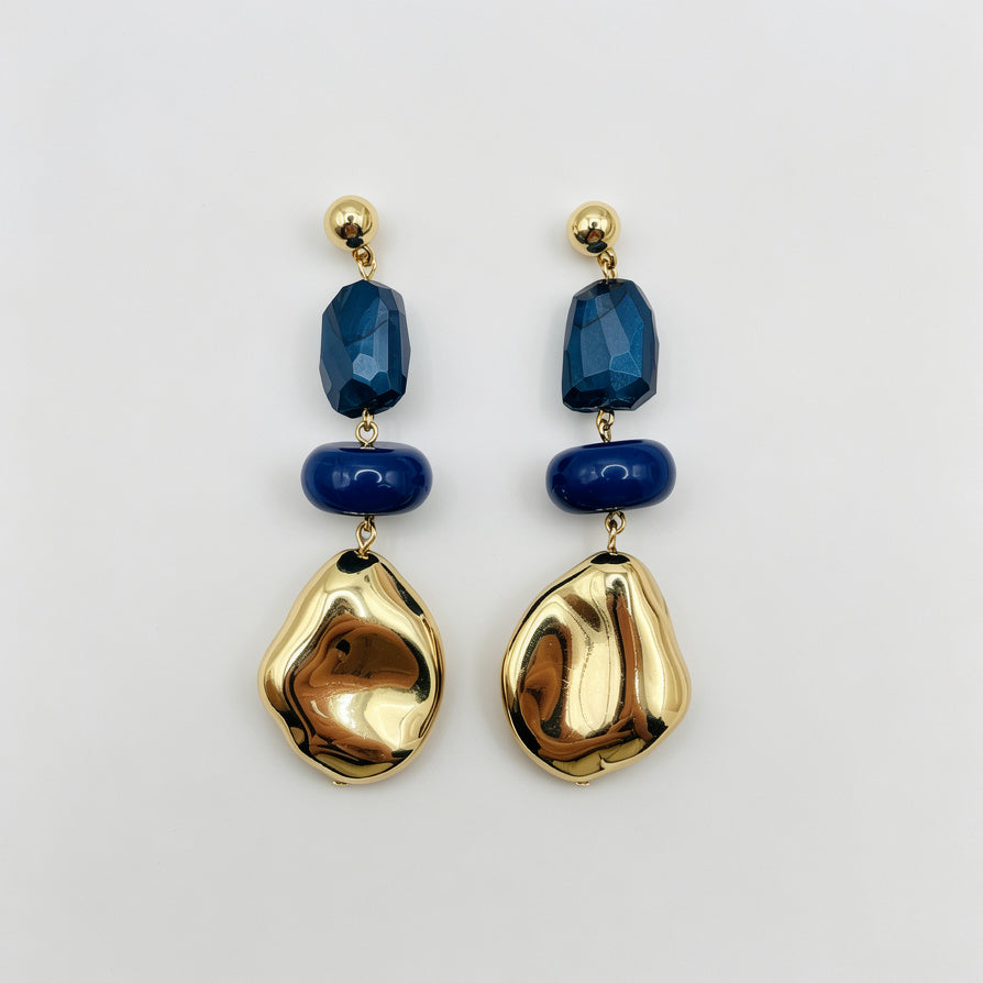Pendientes de gota geométrica con piedras de colores y detalles dorados al por mayor, 3 colores disponibles|JI JOYA