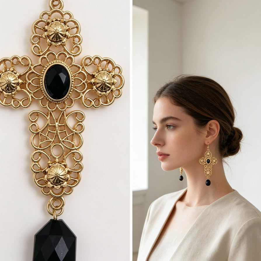 Pendientes Cruz Vintage con Piedra Negra - Oro/Plata - Joyería al Por Mayor|JI JOYA
