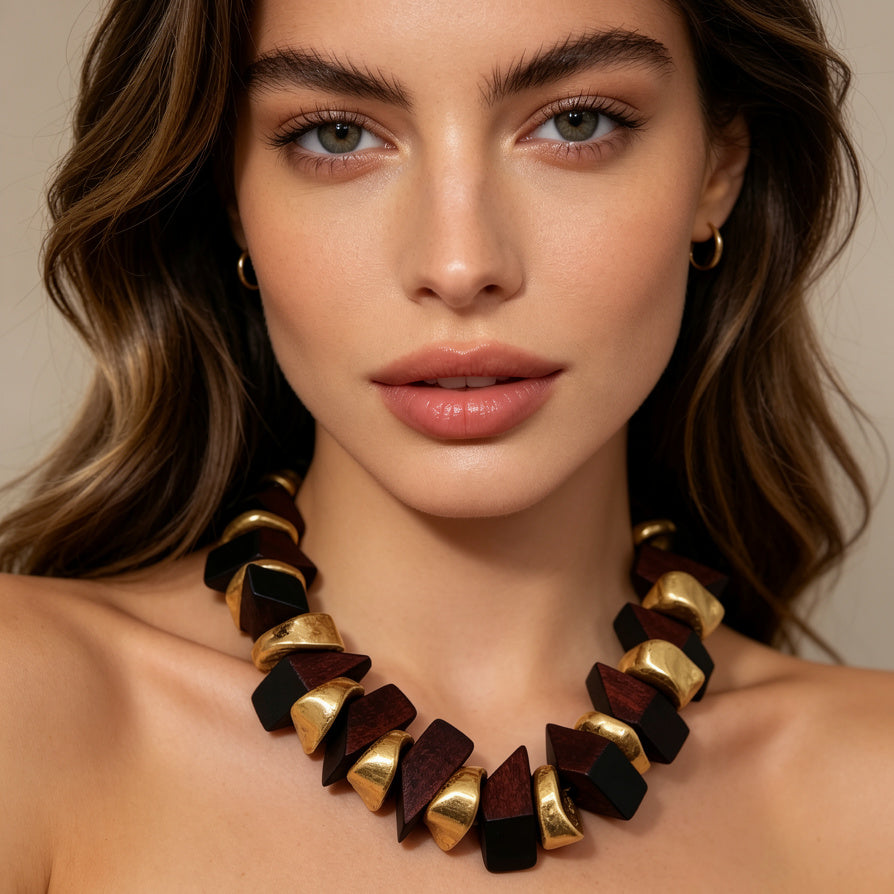 Set Collar Pulsera Geométrico Madera y Oro - Joyería Minimalista|JI JOYA