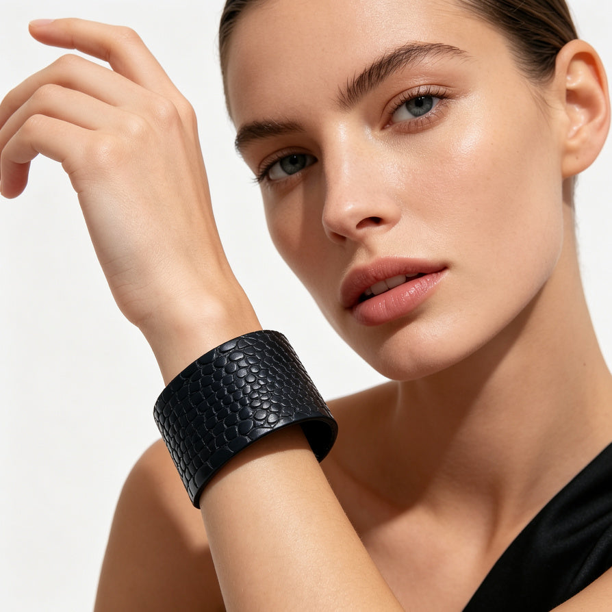 Pulsera Ancha de Cuero con Textura de Cocodrilo - Mayoreo para Moda|JI JOYA