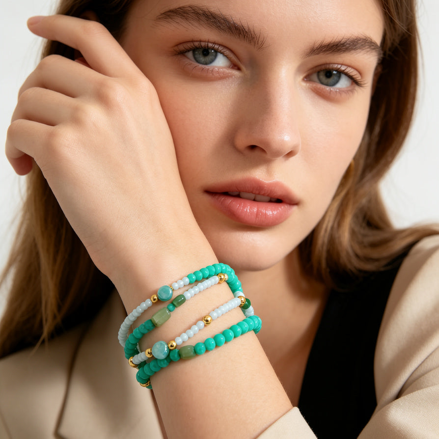 Pulseras de Cuentas Verde Menta Conjunto de 3|Venta al Por Mayor para Tiendas|JI JOYA