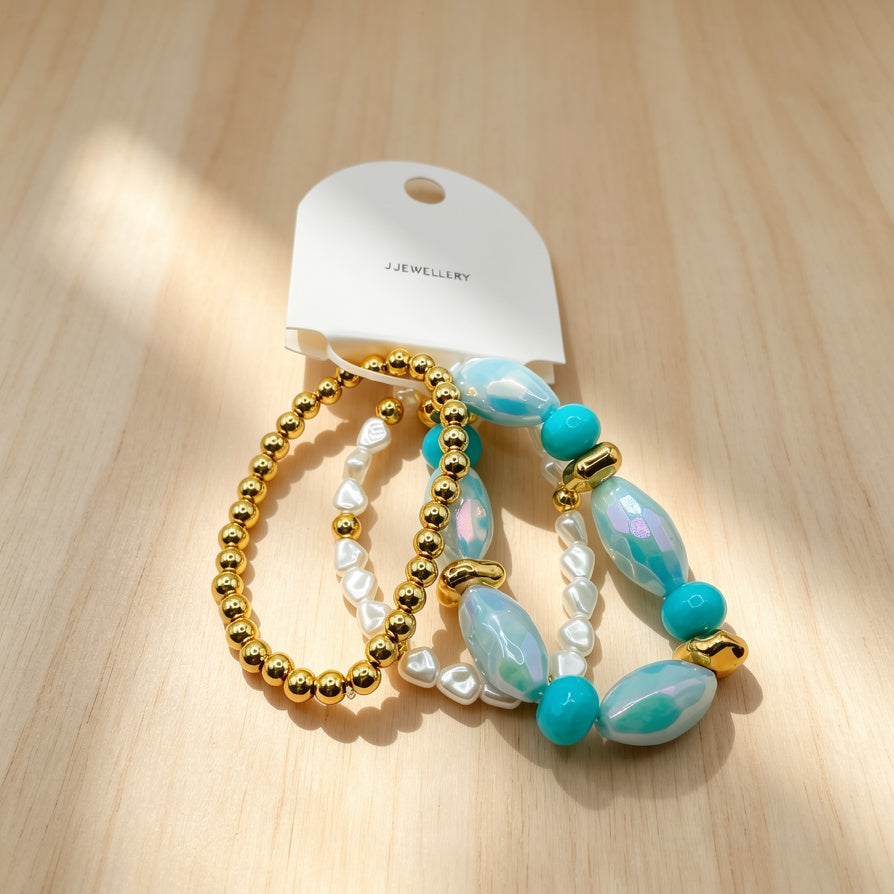 Pulseras de Perlas y Piedras de Colores - Set de 3 Piezas con Baño de Oro para Mujer | Joyería al Por Mayor|JI JOYA