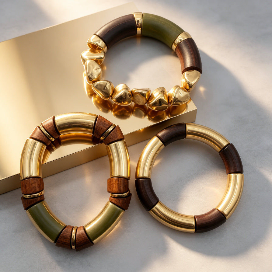 Joyería Étnica Modular Madera Natural y Metal Dorado | Pulseras de Gran Calidad Venta al Por Mayor B2B|JI JOYA