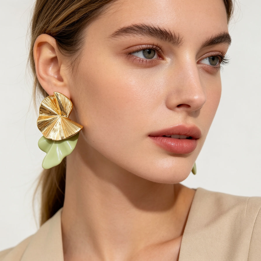 Pendientes Floral Verde y Dorado | Joyería de Moda al Por Mayor|JI JOYA