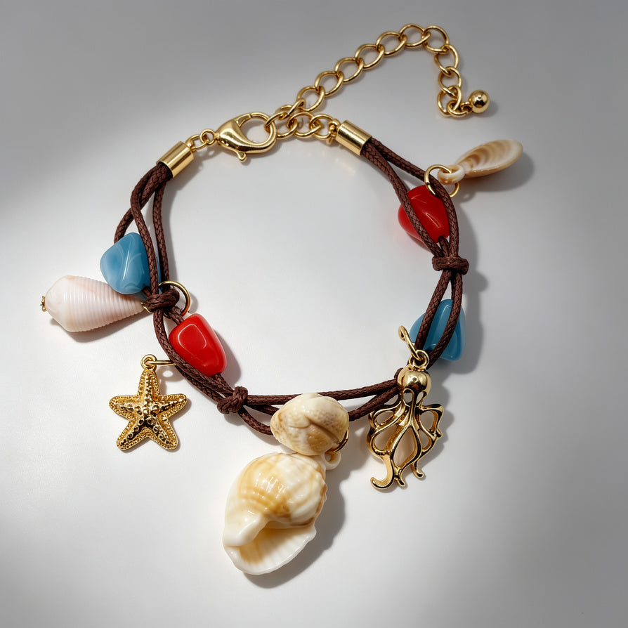 Pulsera de Cuerda con Conchas Marinas y Dijes de Estrella de Mar - Joyería de Playa Bohemia al Por Mayor|JI JOYA