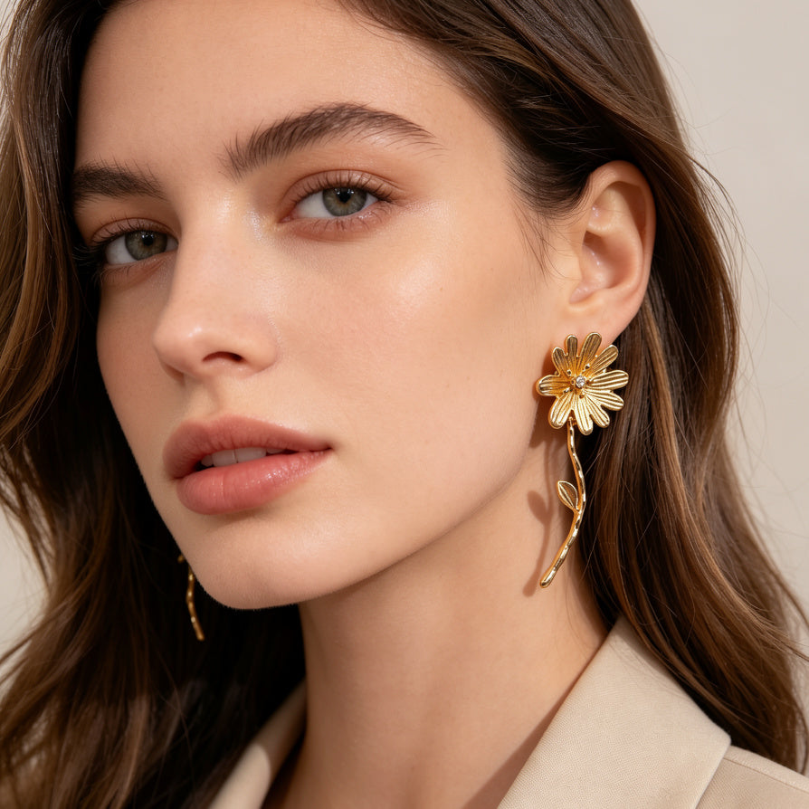 Pendientes Colgantes de Flor Asimétrica, Diseño Vintage, Oro y Plata, Mayoreo B2B|JI JOYA