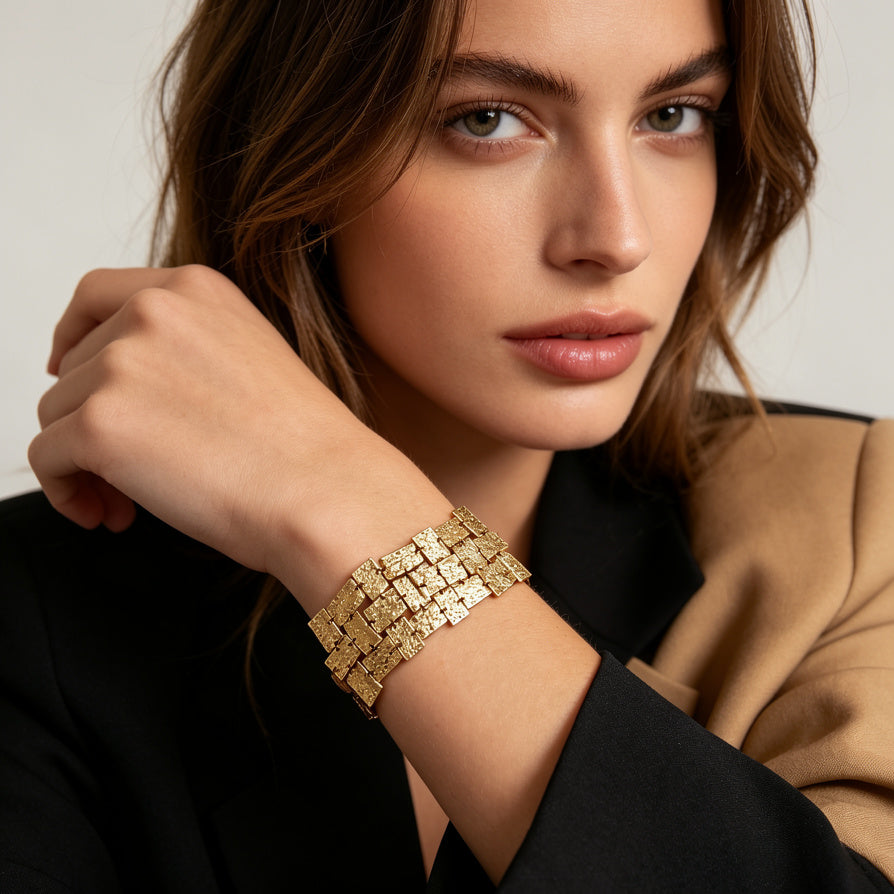 Brazalete de Cuadros Entrelazados - Oro/Plata|venta al poro mayor|JI JOYA