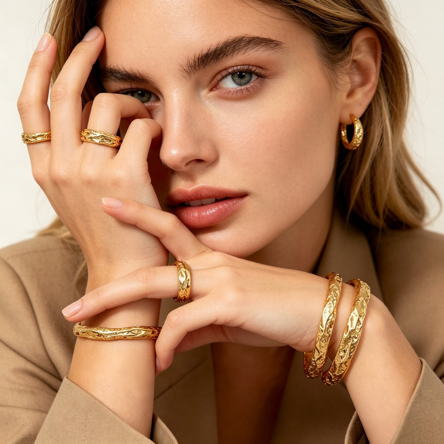 Set de 3 Pulseras Texturizadas en Dorado/Plata - Diseño Orgánico Hammered, Joyería de Moda al Por Mayor|JI JOYA