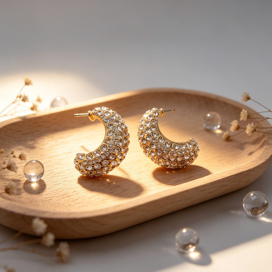 Pendientes de Media Luna con Circonitas Brillantes | Diseño Chunky, Oro y Plata, Joyería al Por Mayor para Mujeres|JI JOYA