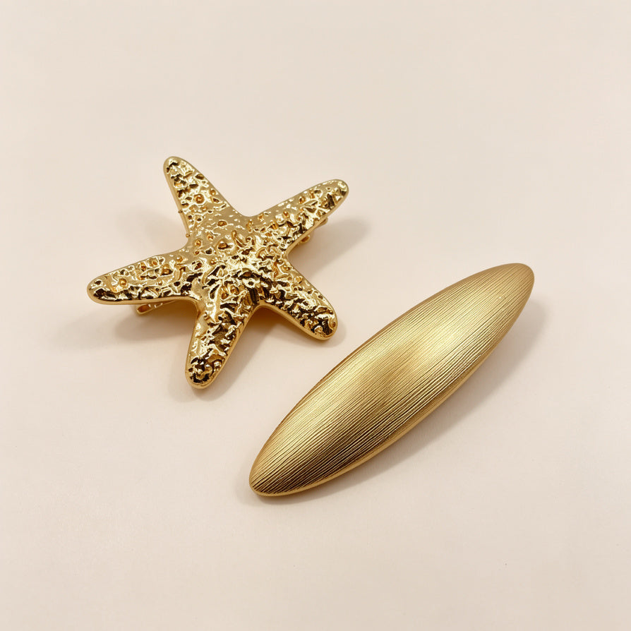 Set de 2 Horquillas de Cabello Doradas - Estrella de Mar + Elipse | Accesorios Minimalistas de Metal para Mayoristas|JI JOYA