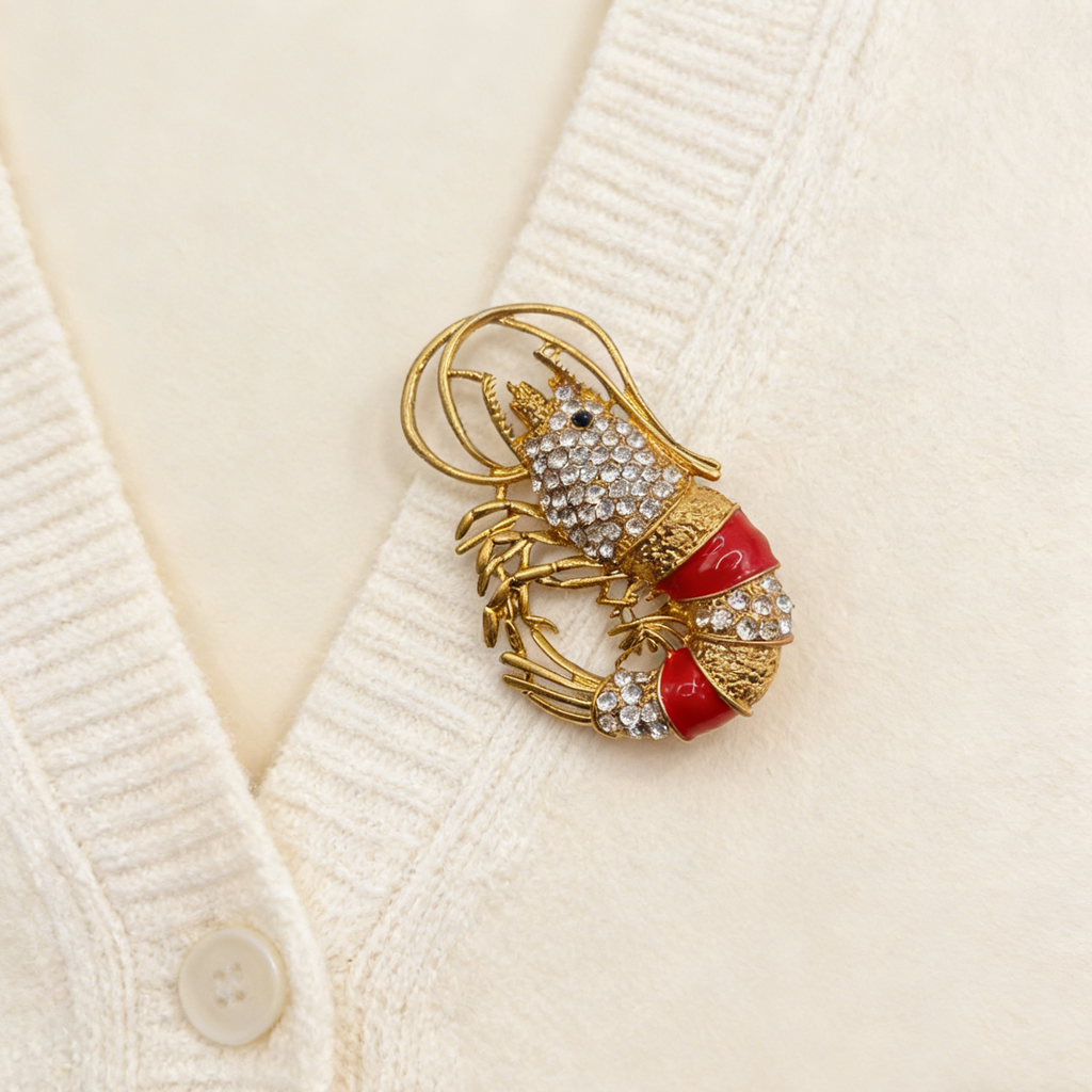 Broche de langosta con diamantes de imitación dorados | Broche vintage de cristal de lujo para mujer