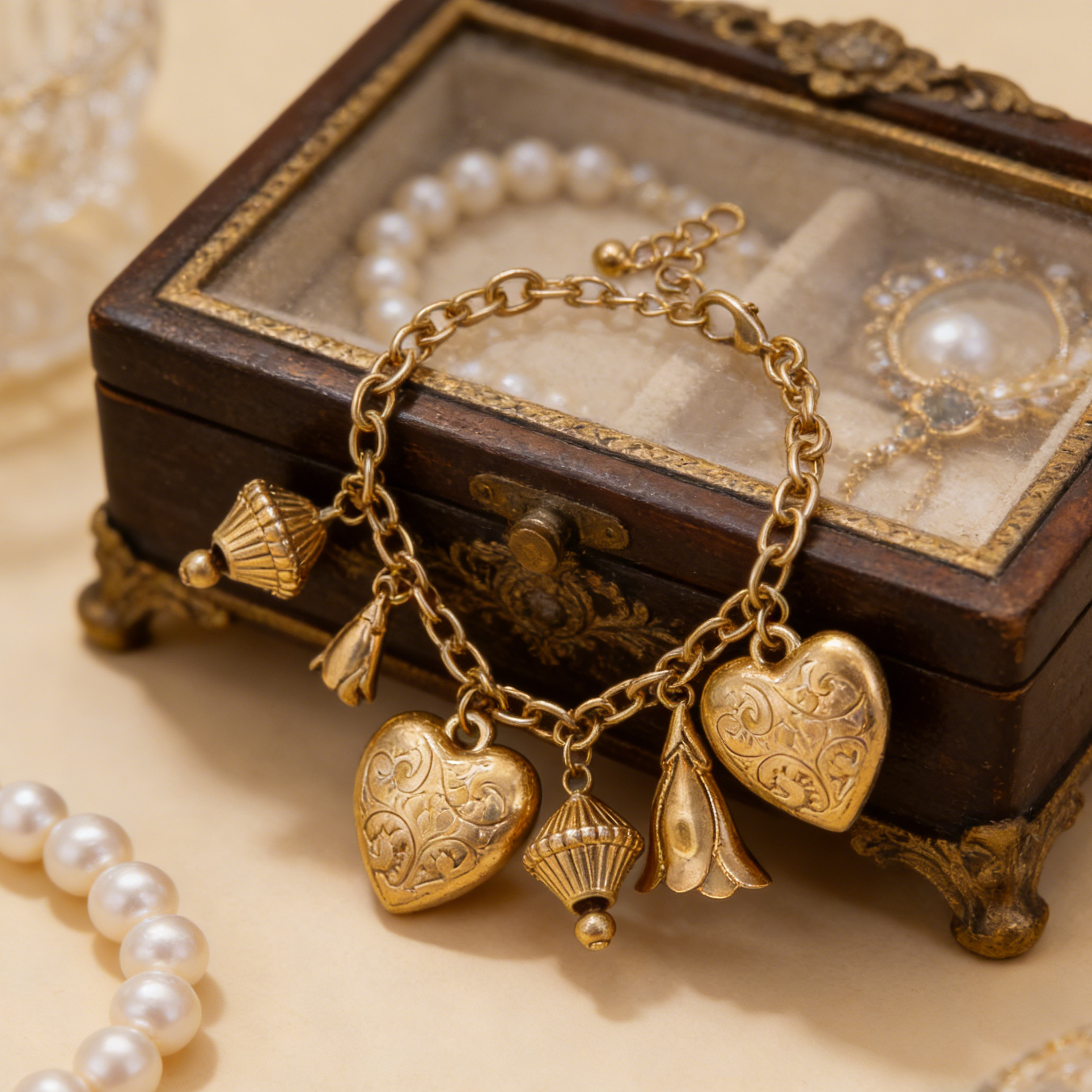 Conjunto de joyas vintage con dije de corazón dorado: pendientes llamativos, collar en capas y pulsera con dijes