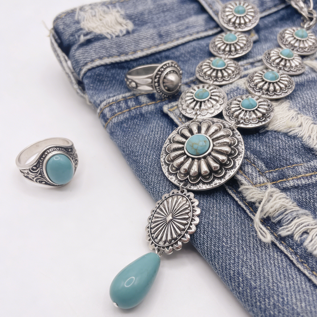 Collar con colgante de concho estilo western | Gargantilla vintage de turquesa y piedra roja para mujer