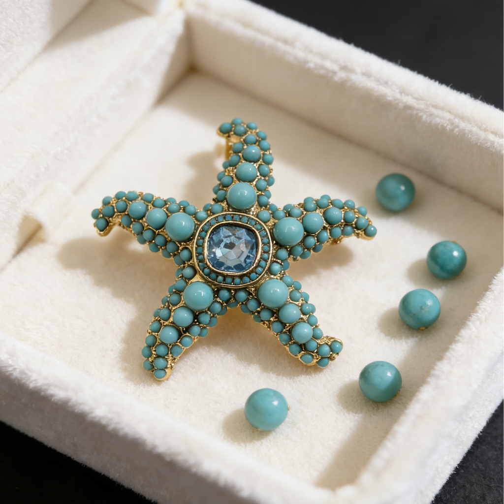 Broche de estrella de mar con cuentas turquesas | Pin vintage dorado inspirado en el océano
