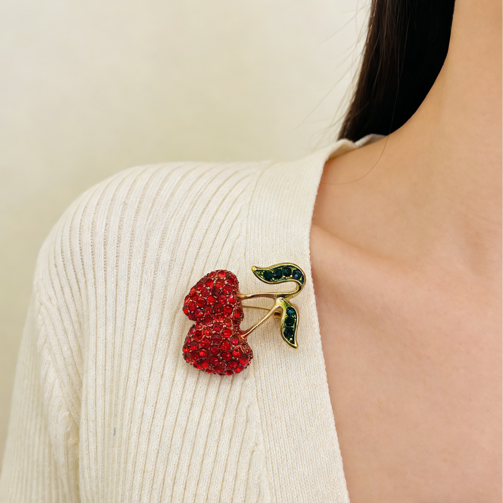Broche de cereja de cristal vermelho | Alfinete de strass estilo Ins para mulher