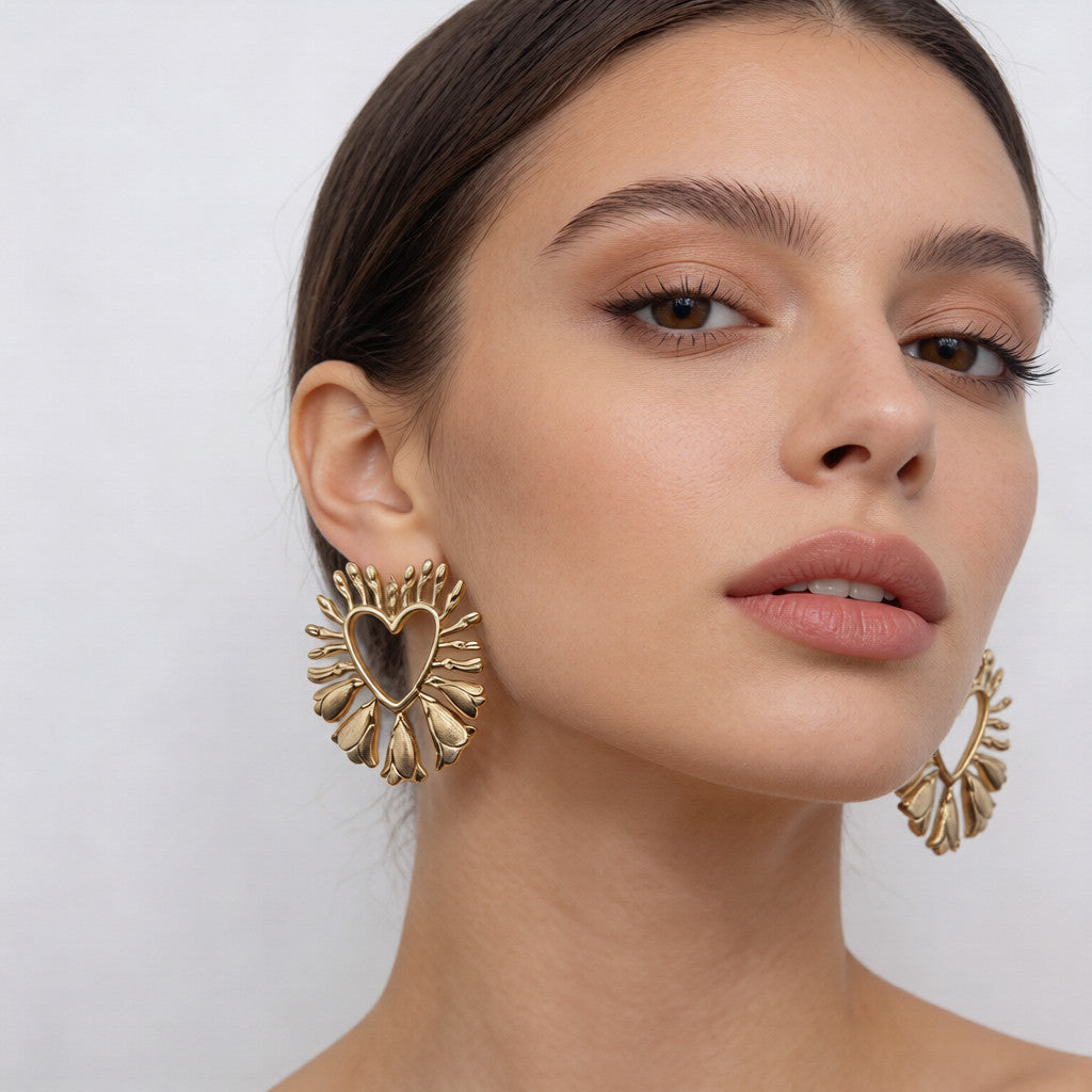 Conjunto de joyas vintage con dije de corazón dorado: pendientes llamativos, collar en capas y pulsera con dijes