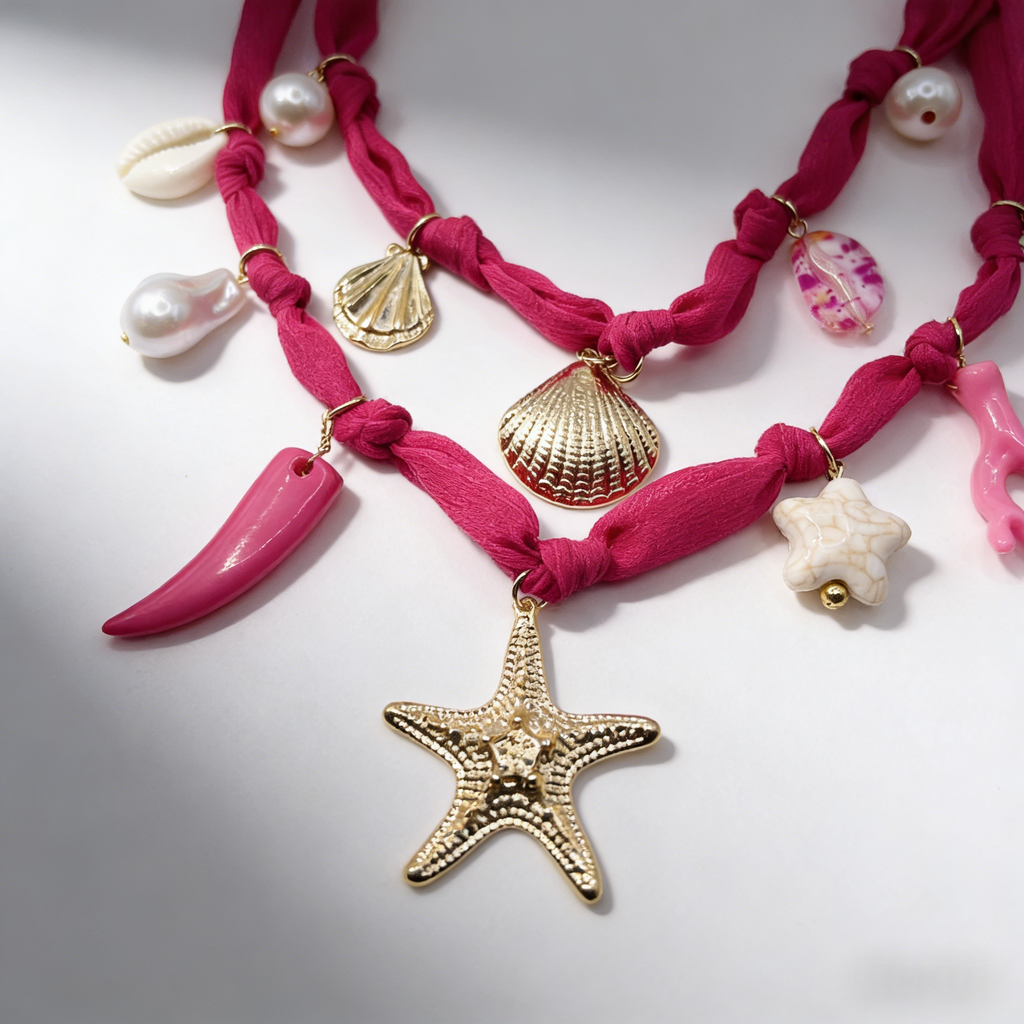 Collar bohemio de cuerda rosa multicapa con colgantes de estrellas de mar y conchas