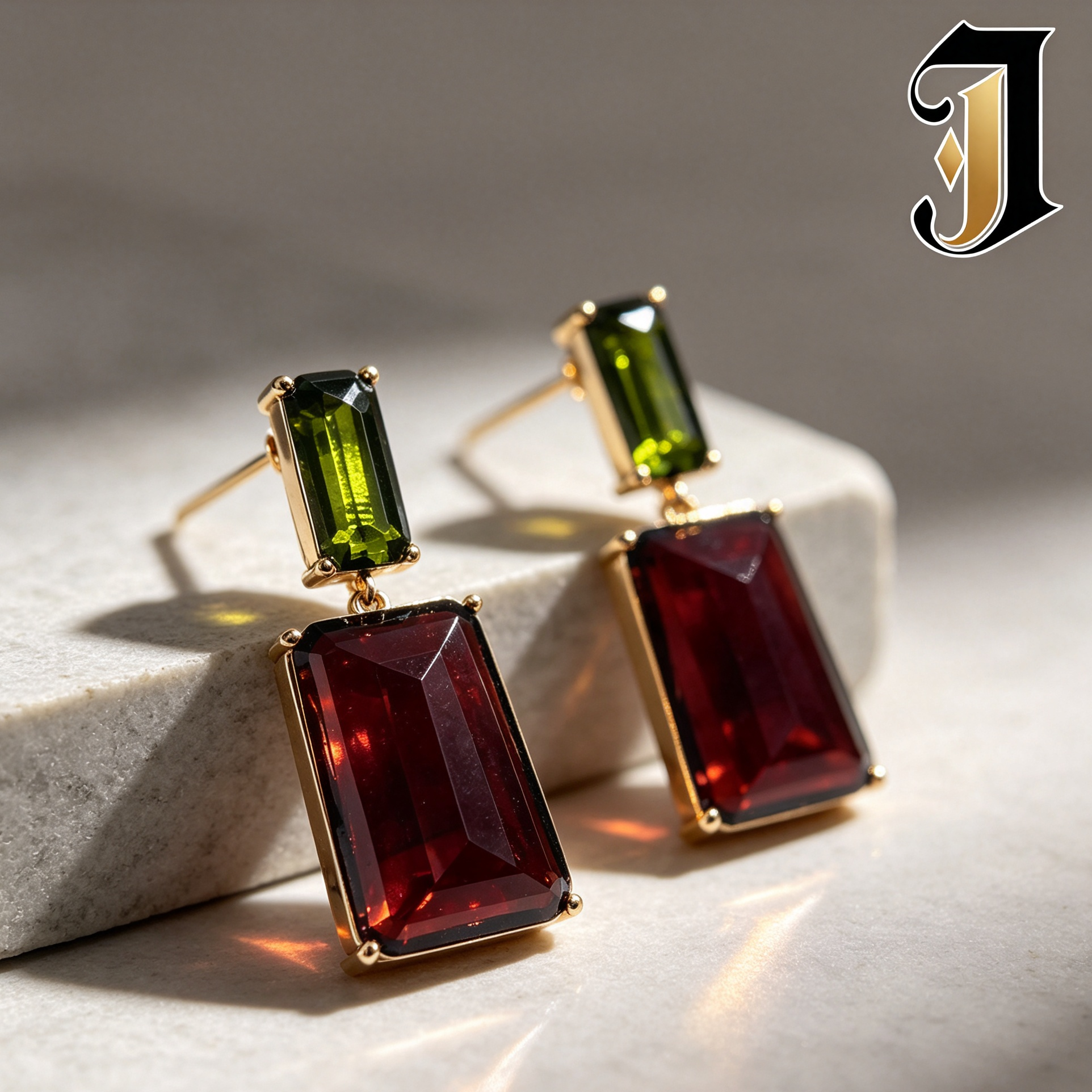 Pendientes Colgantes Rectangulares Cristal Verde y Granate, Joyería de Moda al Por Mayor|JI JOYA