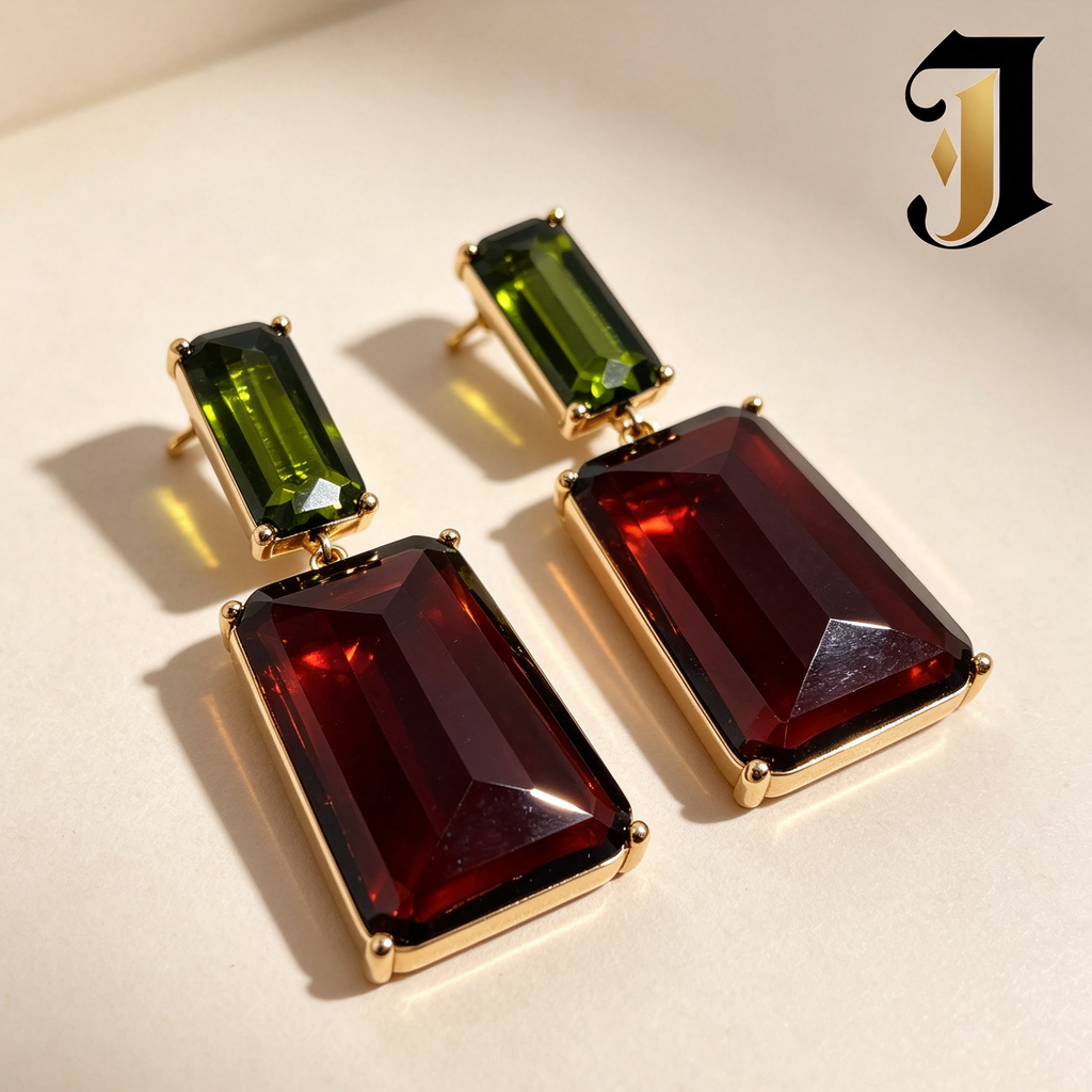 Pendientes Colgantes Rectangulares Cristal Verde y Granate, Joyería de Moda al Por Mayor|JI JOYA