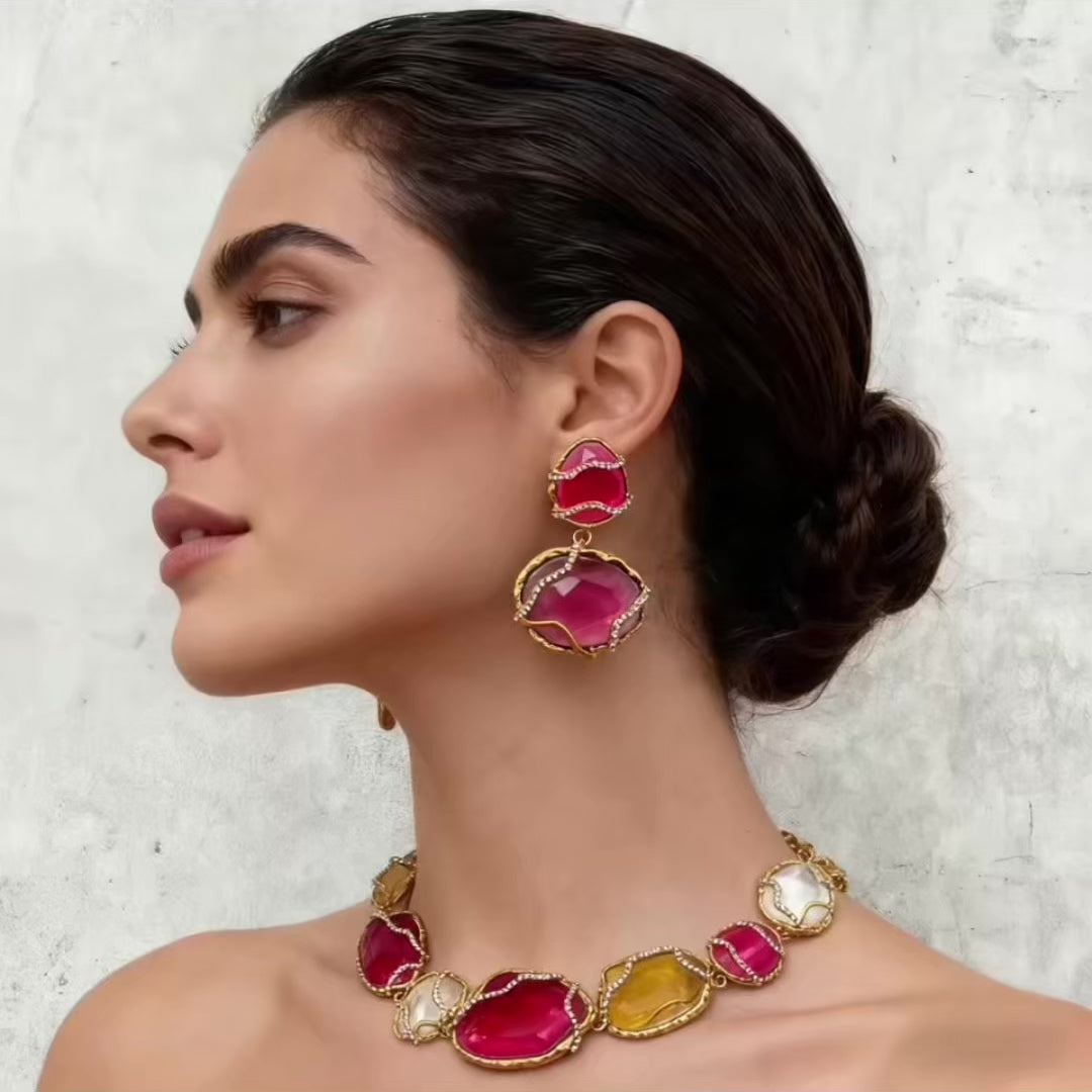JI JEWELRY WHOLESALE, Multi-color diamond necklace and earrings, earrings available in 2 sizes.