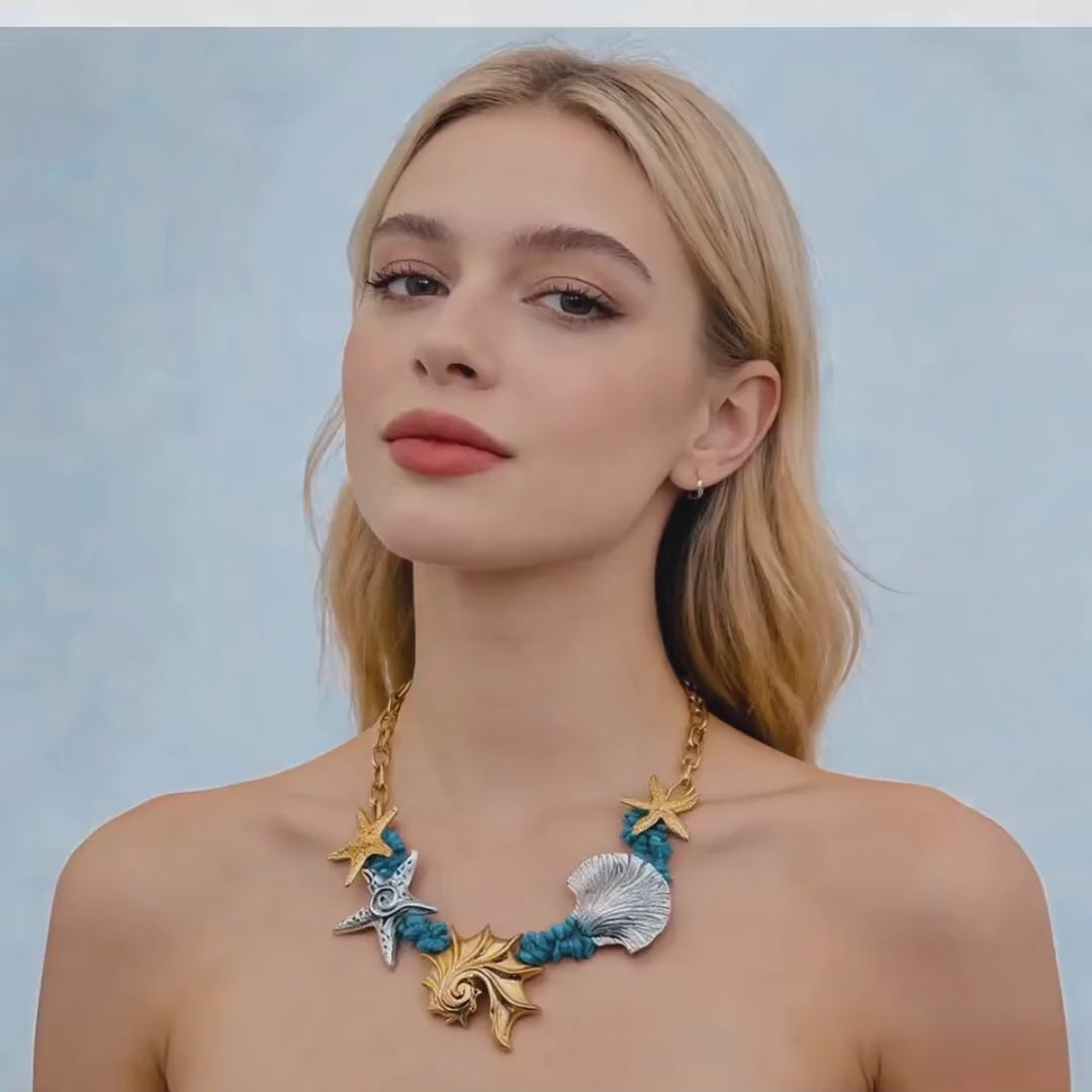 Collar con diseño de estrella de mar y concha Coastal Wanderlust | Gargantilla bicolor inspirada en el océano para playa y vacaciones