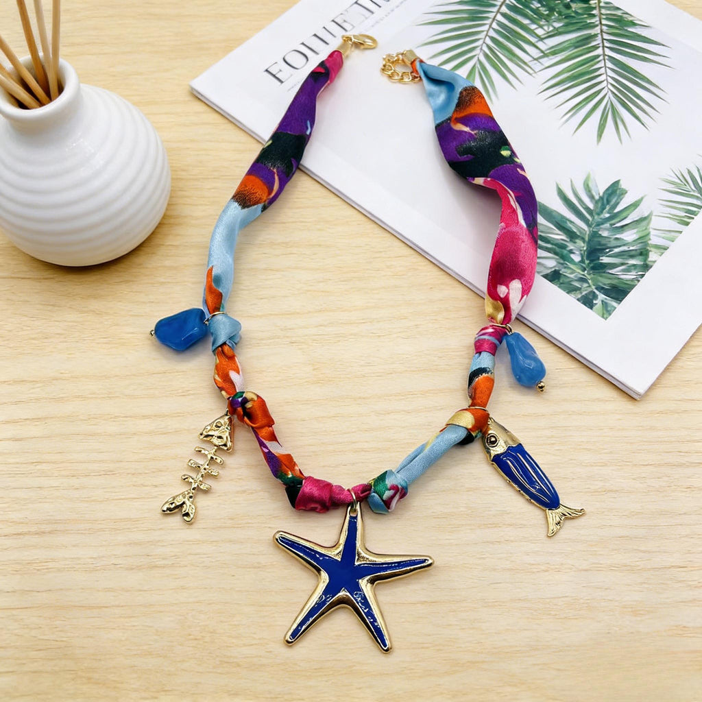 Gargantilla de tela colorida con colgante de estrella de mar | Collar bohemio playero para mujer