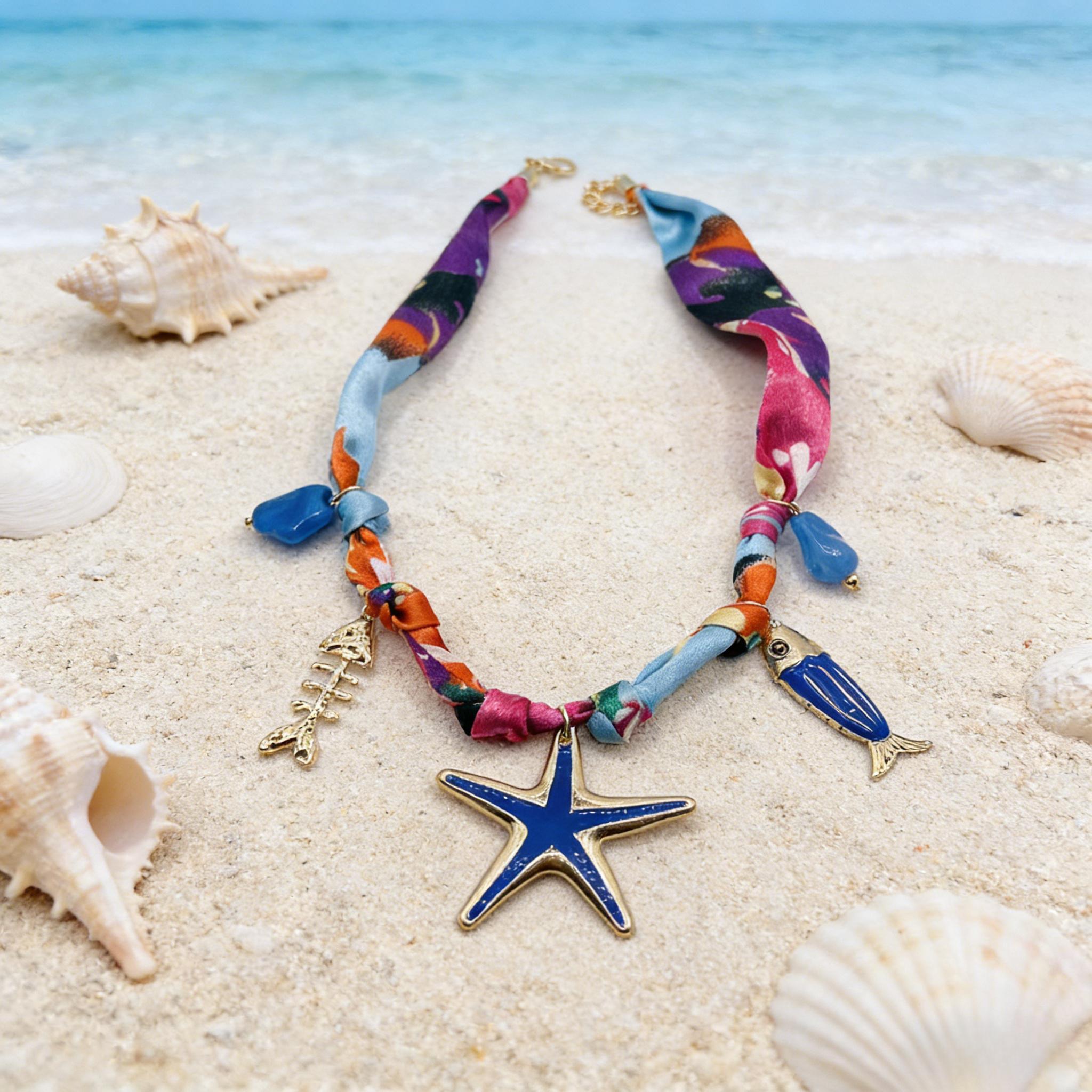 Gargantilla de tela colorida con colgante de estrella de mar | Collar bohemio playero para mujer