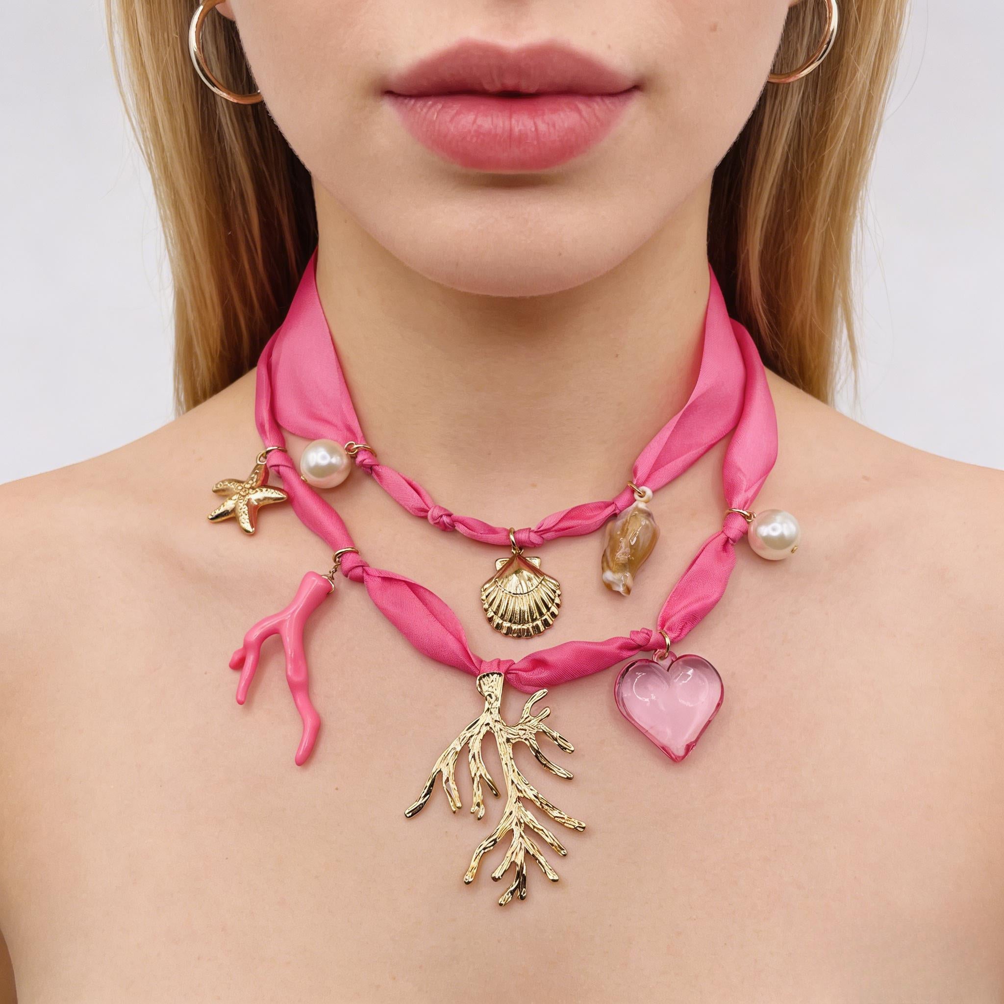 Gargantilla de lazo rosa Mermaidcore | Collar dorado con estrellas de mar y conchas para vacaciones en la playa|JI JOYA