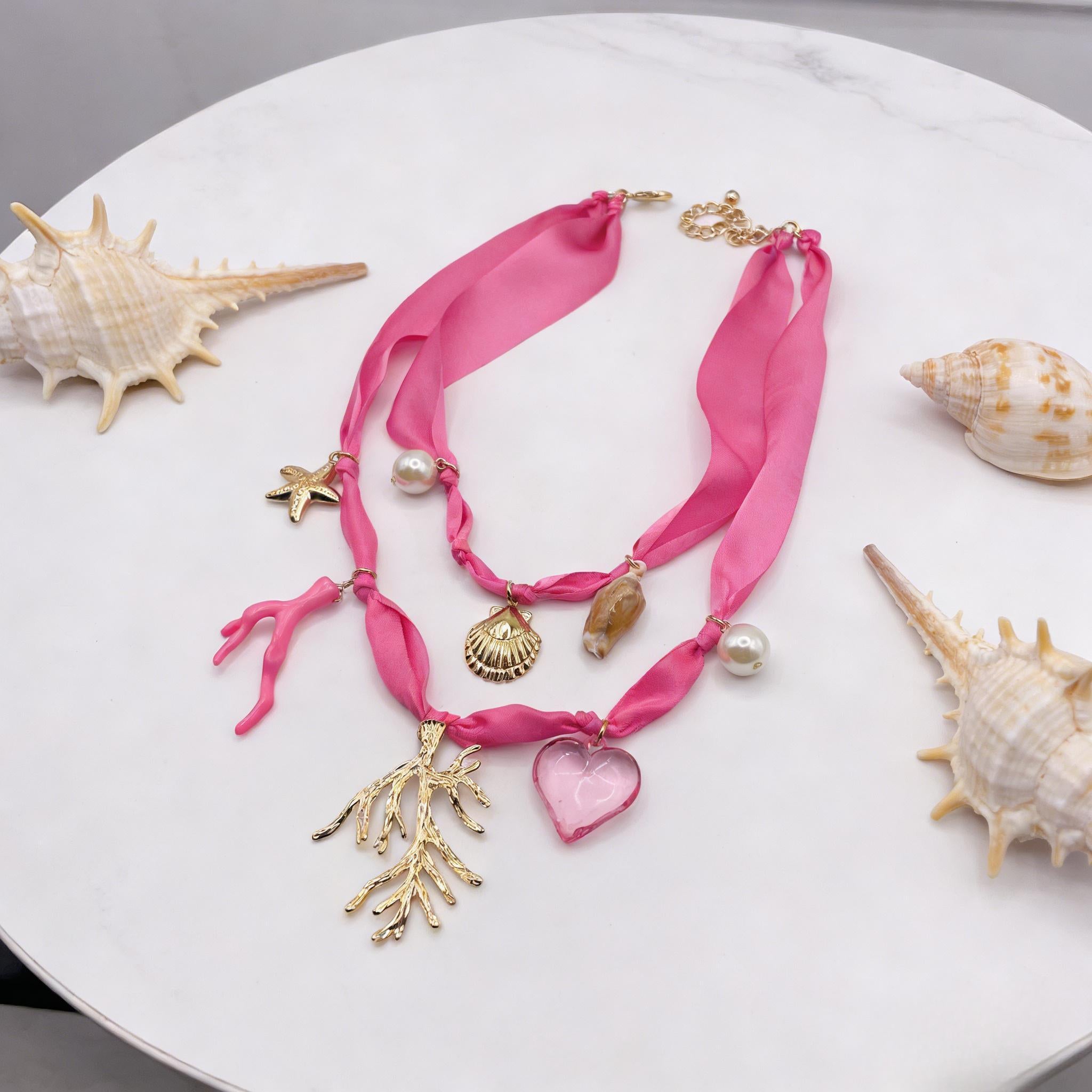 Gargantilla de lazo rosa Mermaidcore | Collar dorado con estrellas de mar y conchas para vacaciones en la playa|JI JOYA