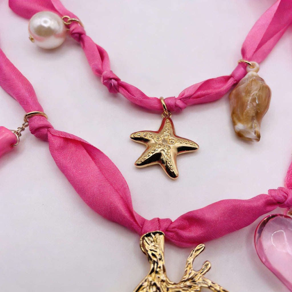 Gargantilla de lazo rosa Mermaidcore | Collar dorado con estrellas de mar y conchas para vacaciones en la playa|JI JOYA