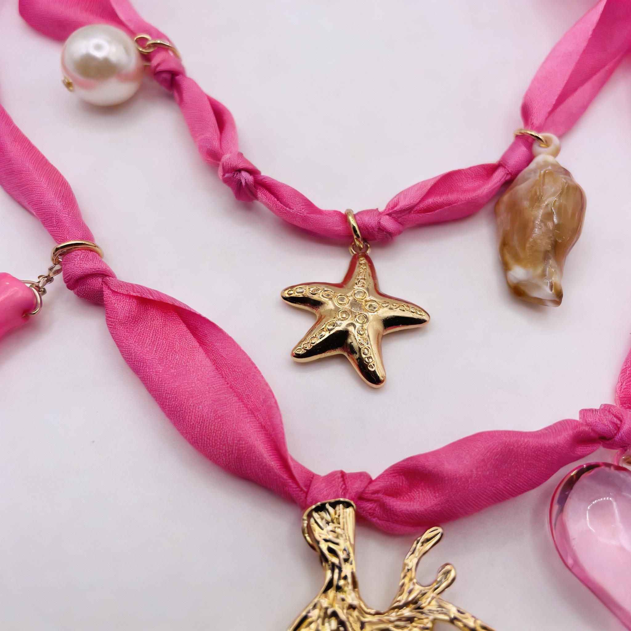 Gargantilla de lazo rosa Mermaidcore | Collar dorado con estrellas de mar y conchas para vacaciones en la playa|JI JOYA