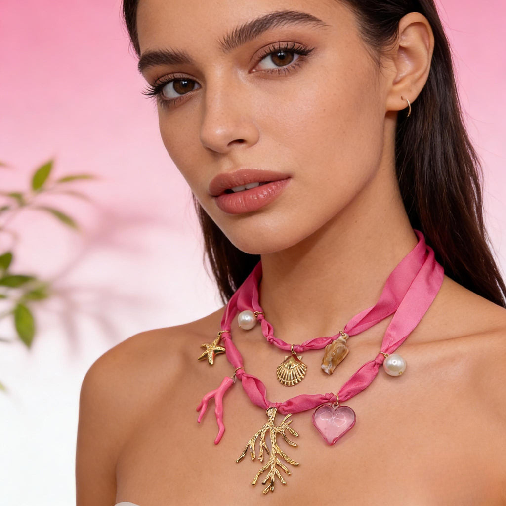 Gargantilla de lazo rosa Mermaidcore | Collar dorado con estrellas de mar y conchas para vacaciones en la playa|JI JOYA