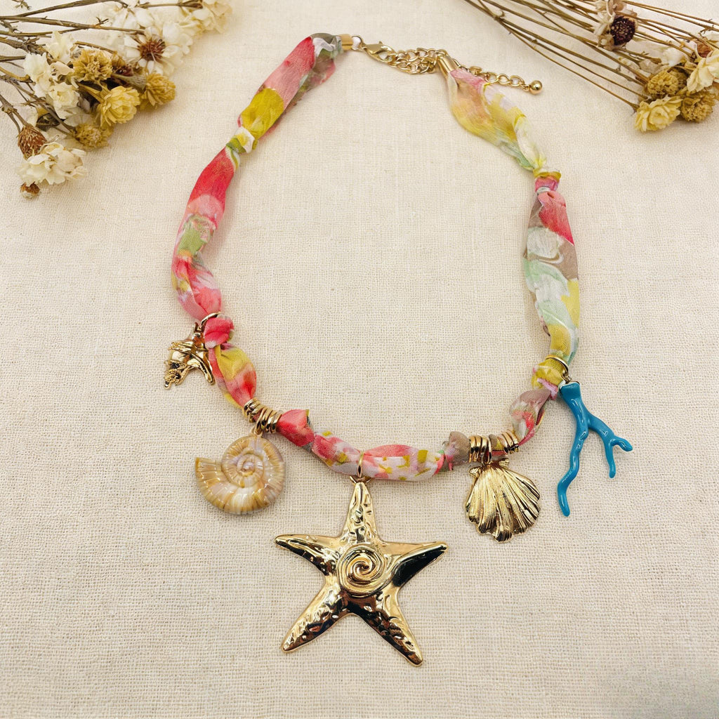 Collar de estrellas de mar y flores de estilo bohemio: collar con colgante de concha marina estilo vacaciones de verano en la playa.