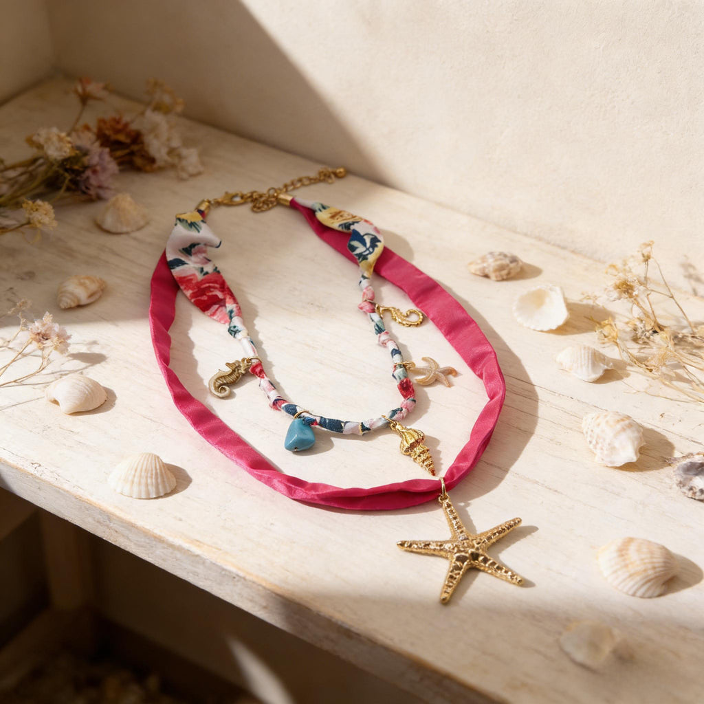 Conjunto de gargantilla bohemia con capas: colgante de estrella de mar, tejido de satén y flores, joyería playera para mujer.