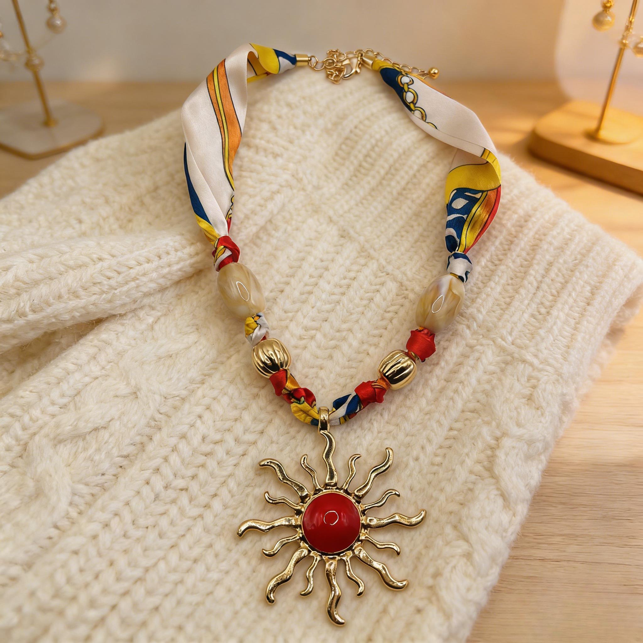 Collar vintage con colgante de sol dorado | Collar bohemio hecho a mano con cuentas de colores