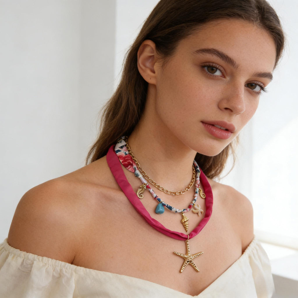 Conjunto de gargantilla bohemia con capas: colgante de estrella de mar, tejido de satén y flores, joyería playera para mujer.
