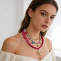 Conjunto de gargantilla bohemia con capas: colgante de estrella de mar, tejido de satén y flores, joyería playera para mujer.
