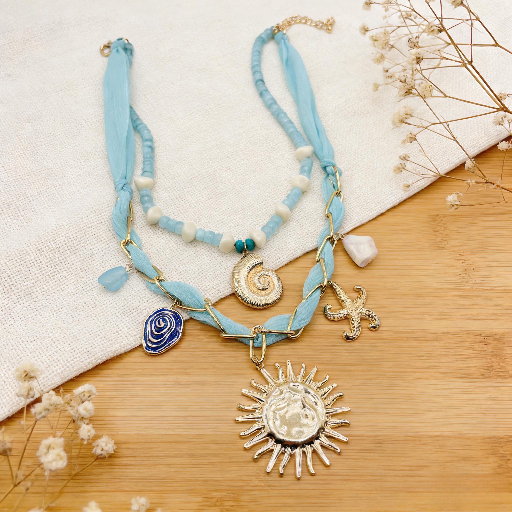Conjunto de collar bohemio con capas de océano: collares con colgante de concha, estrella de mar y sol dorados para vacaciones de verano en la playa.