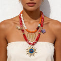 Collar de dos capas estilo bohemio | Colgante de tela roja con motivos de peces dorados y ojos turcos | Accesorio para fiestas en la playa