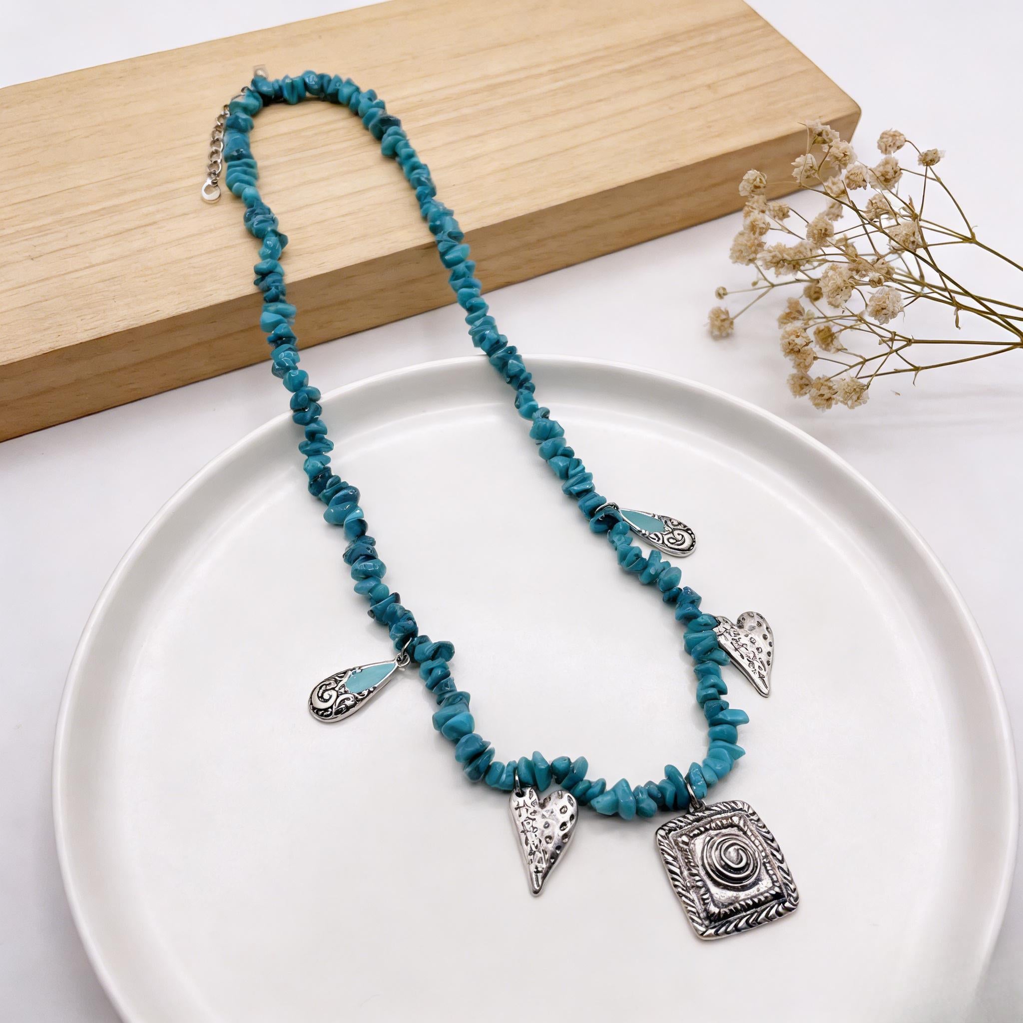 Natural Stone Necklace with Sterling Silver Charms, Ethnic Boho Style | Vintage Artisan Jewelry
